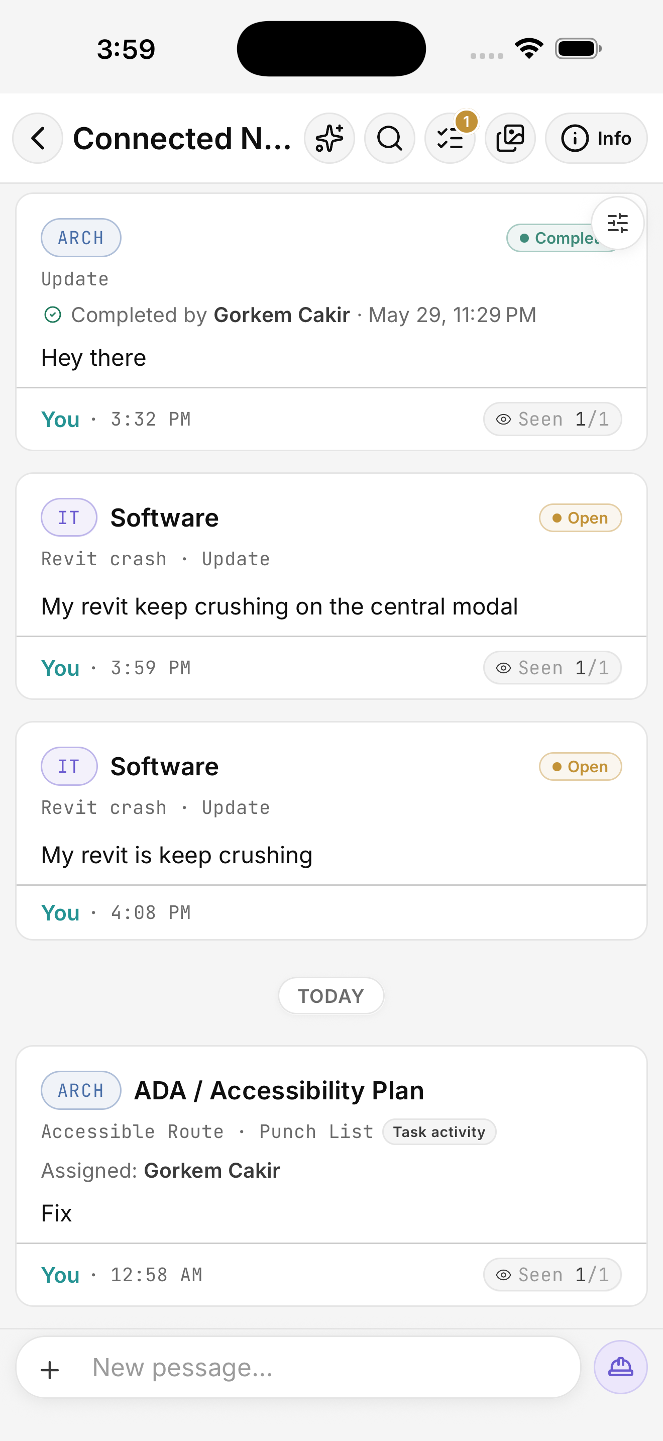 A Pessage project chat showing structured messages tagged automatically with division (ARCH, IT), entry type (Update), status (Open, Complete), and category (Software, Revit crash).