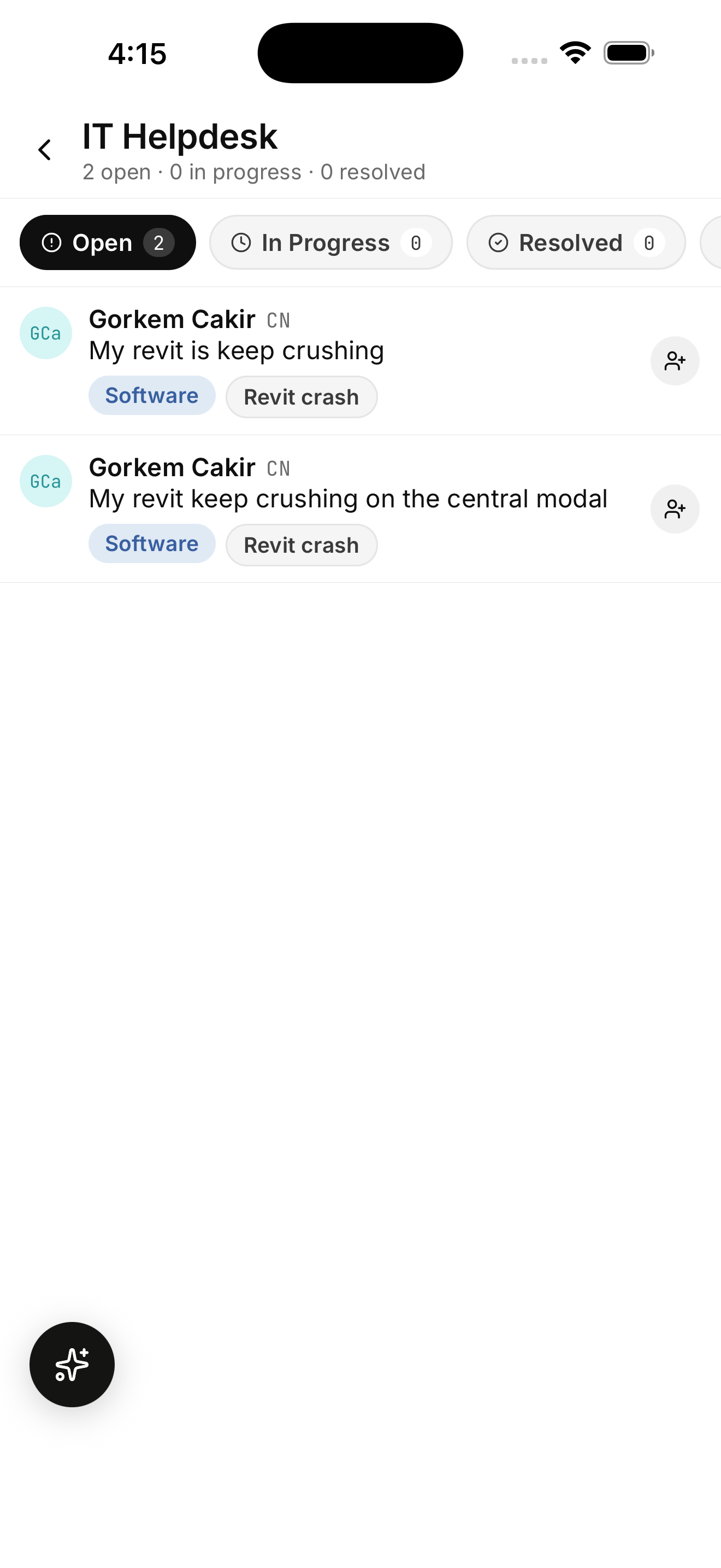 The IT Helpdesk triage hub showing two open Revit crash tickets — both auto-tagged as Software · Revit crash — from the same requester across the CN project. Status chips for Open, In Progress, and Resolved sit at the top.